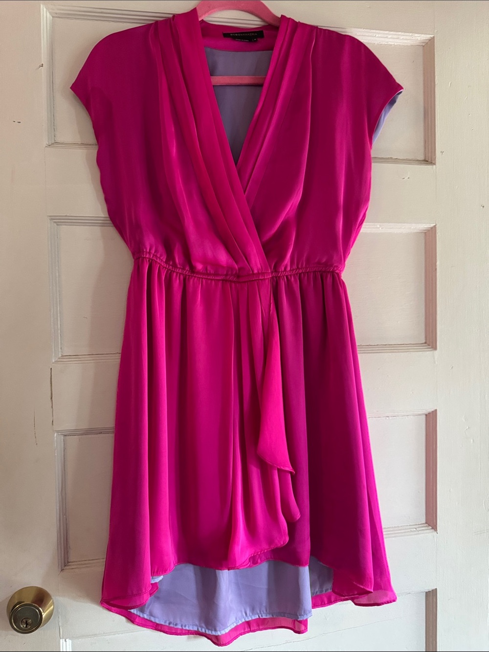 BCBGMaxAzria Fuchsia Wrap-Front Cap Sleeve Dress